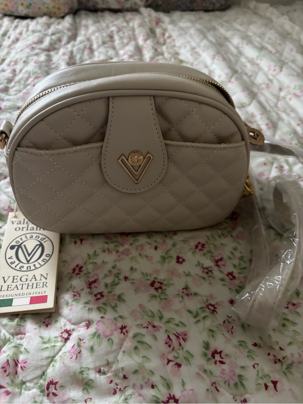 Valentino Quilted Vegan Leather Crossbody in Light Beige with Gold Hardware